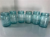 6 Vintage Pint Ball Mason Blue Jars.