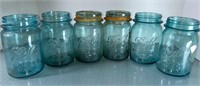 6 Vintage Pint Ball Mason Blue Jars.