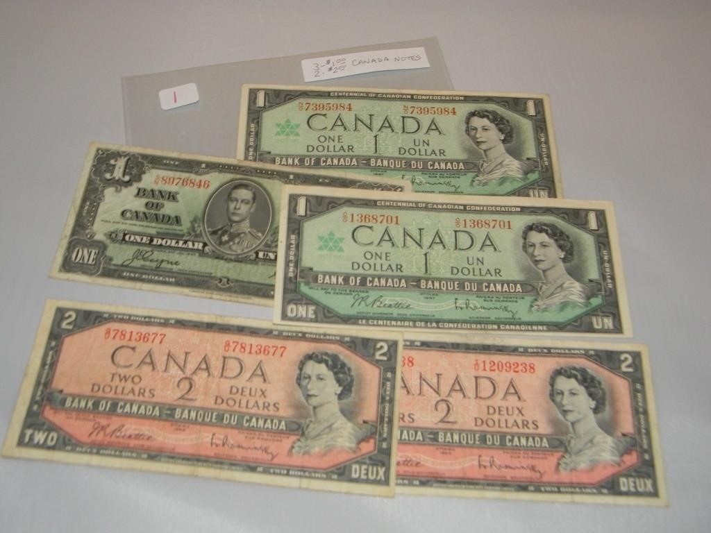 (3) $1.00 & (2) $2.00 Canada Notes