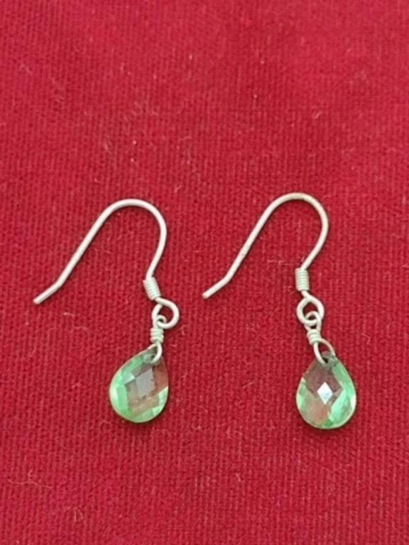 .925 Marked Earrings w/Green Beads