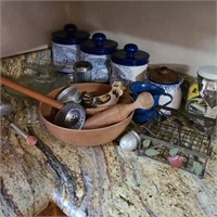 Lot of Kitchenware w/ Blue Canisters & Matches