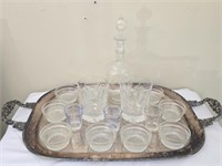 Silverplated Tray Glass Decanter & Glass Cups