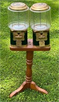 DOUBLE GUMBALL MACHINES ON WOOD STAND