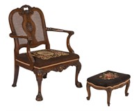 French Style Walnut Chair and Ottoman