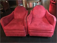 Pair of red fabric studded chairs. Approx
