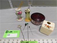 Hat pin holders with pins, dresser jar and contain
