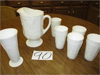 Milk Glass, Pitcher Vase 5 Glasses