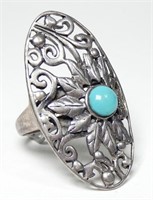 Sterling silver large turquoise filigree ring,