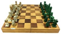 Carved Stone Chess Set W/ Folding Wood Board