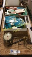 Box of misc electronic parts, letter opener &