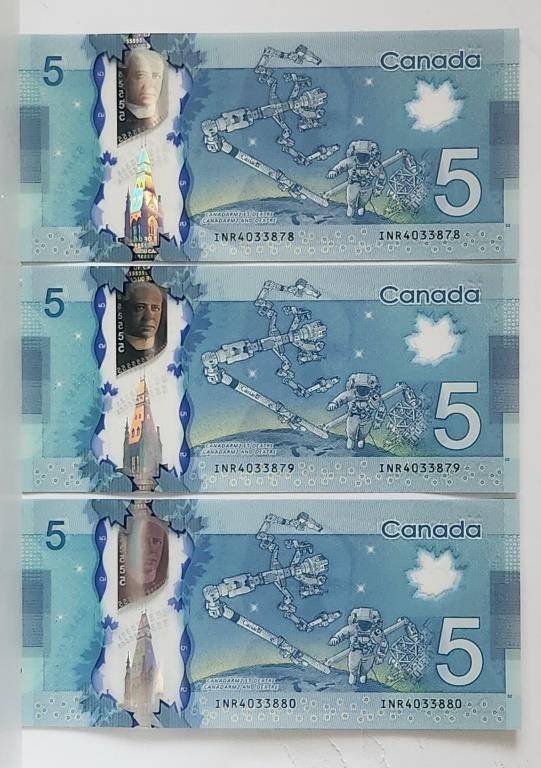 Canada 2013 $5 Lot of 3 Consecutives Banknote