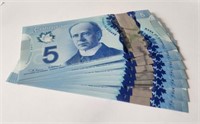 Canada 2013 $5 Lot of 7 Consecutives Banknote