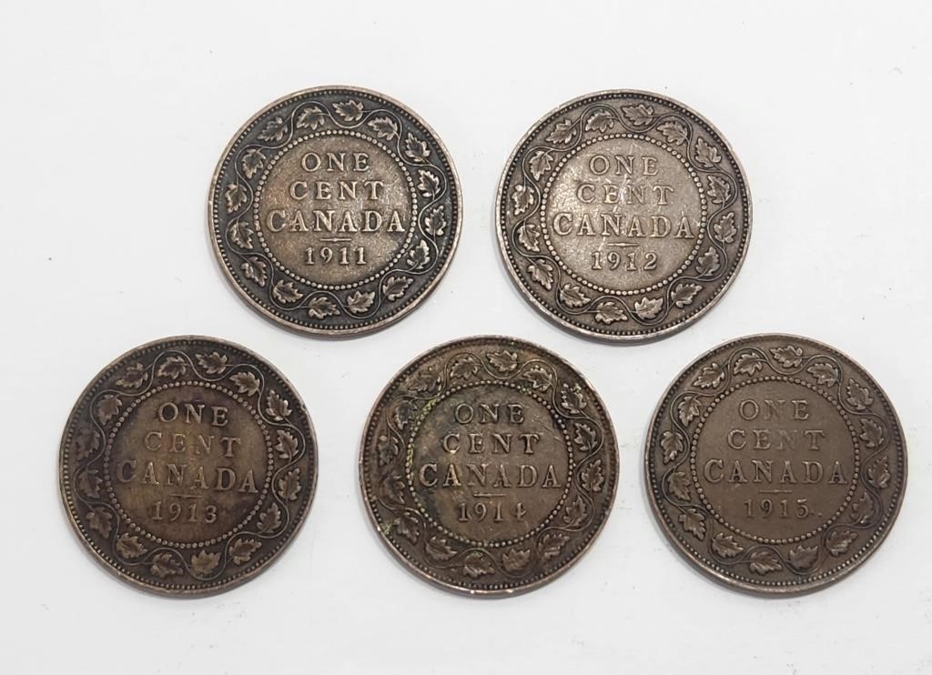 Canada One Cent (5x) 1911 1912 1913 1914 1915