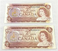 1974 Canadian $2 banknotes.