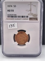 1874 $3 Gold NGC AU55