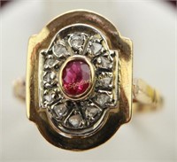 ANTIQUE 18K YELLOW GOLD RUBY AND DIAMOND RING