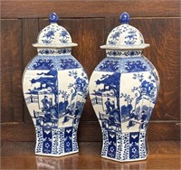 Pair Chinese Blue & White 16" Covered Jars