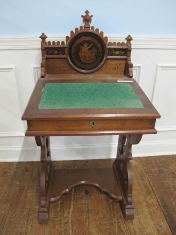 AMAZING DAVENPORT DESK WITH INLAY TOP CARVINGS+