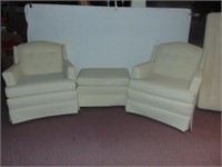 Side chairs off white with ottoman with skirt at