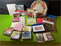 Assorted Greeting Cards, Plastic Tablecloths +