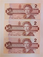 Three 1986 Canada $2 Dollar Bills