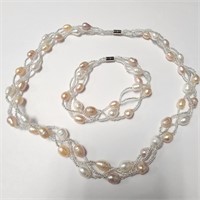 $240  Fresh Water Pearl Necklace And Bracelet Set