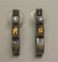 Vtg Sterling Silver, Pearl & Citrine Earrings