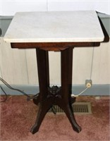 Victorian Walnut carved marble top lamp table