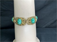 Vtg Brass & Green Agate Bracelet