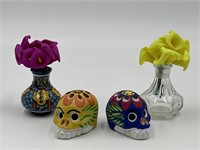 Lot of 4 Miniature Sugar Skulls and Vases