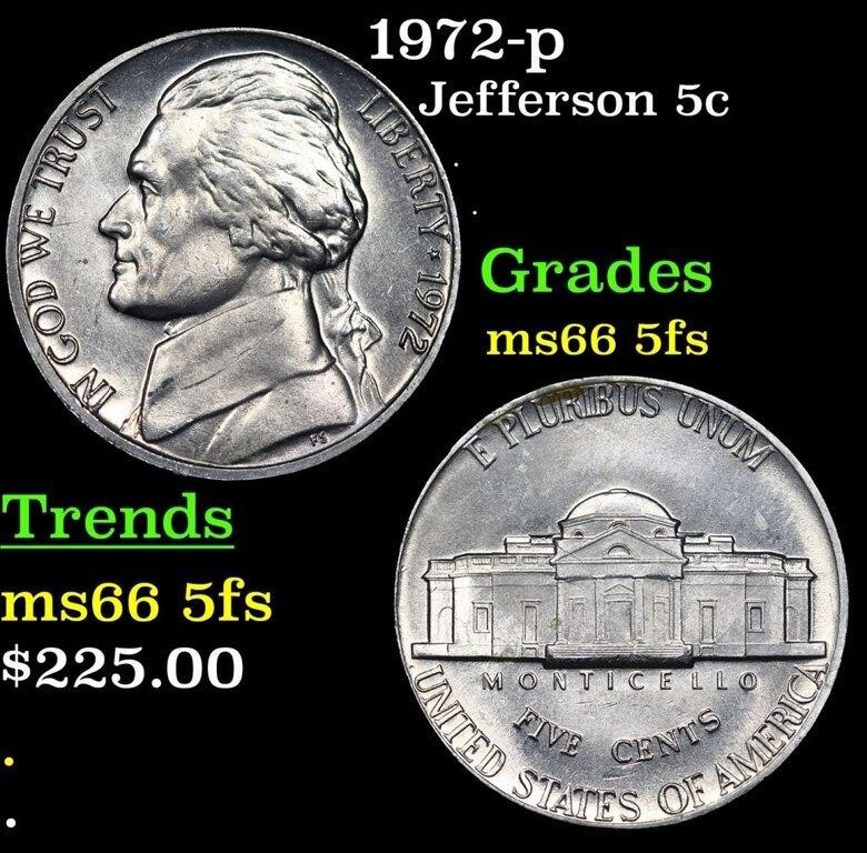 1972-p Jefferson Nickel 5c Grades GEM+ 5fs