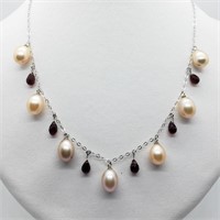 $1600 10K FW Pearl Garnet Necklace