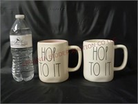 Rae Dunn Hop To It Mugs ~ Pink & White Inside