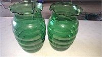 Two 8 inch green glass vases