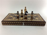 Wood inlay chess board & wooden pieces