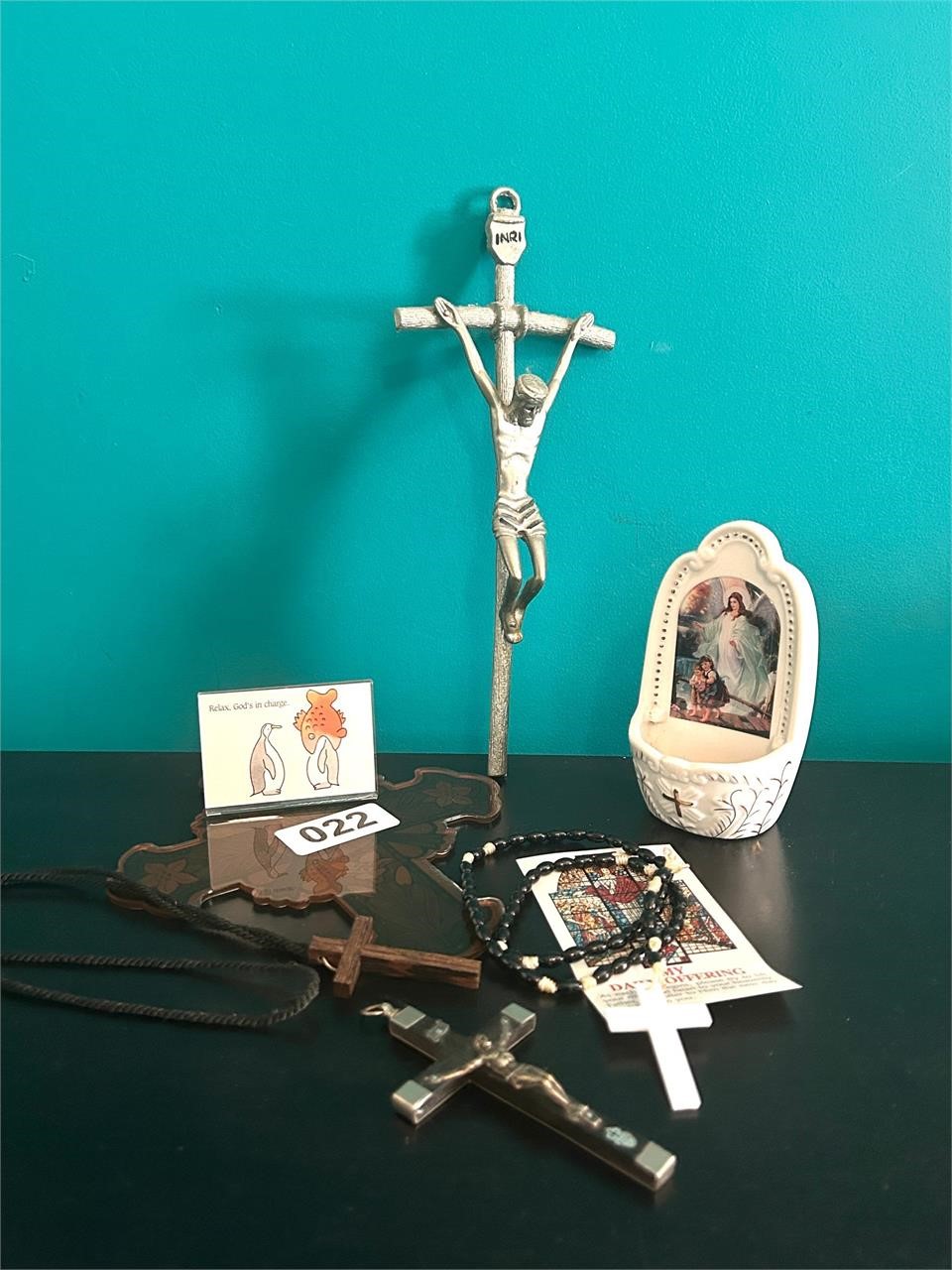 CRUCIFIX, ROASARY, HOLY WATER FONT, ETC