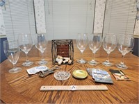 Set Of 6 Matching Wine Glasses, Wire Basket With