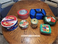 Three Christmas Tin Containers With Lids, One