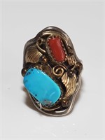 NA Sterling Silver, Turquoise, Coral Saddle Ring