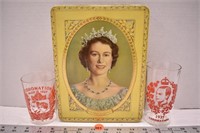 Collectable Royalty drinking glasses and tin