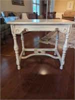 Cream antiqued side table/desk approx 28 w 21 d