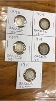 5 Barber dimes. 1898, 1904, 1907, 1914, 1915
