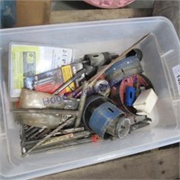 Tub w/lid--drill bits, hole saws, etc