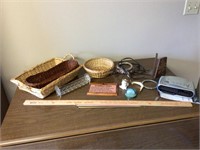 Wicker baskets, cracker tray, bookends, alarm