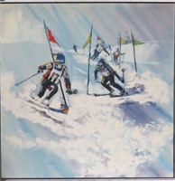 Original Canvas Painting of Skiers by Thomas Lee