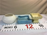 Pottery - round white vase, blue square bowl,