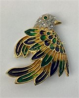 Enameled metal bird brooch with rhinestones