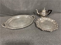 Silver Plate Serving Trays & Teapot