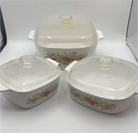 Corning ware, baking dishes, 9 x 9, 8 x 8, 6 x 6