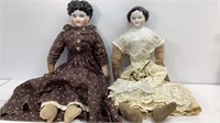2 Antique China Head dolls, cloth bodies, 1 needs